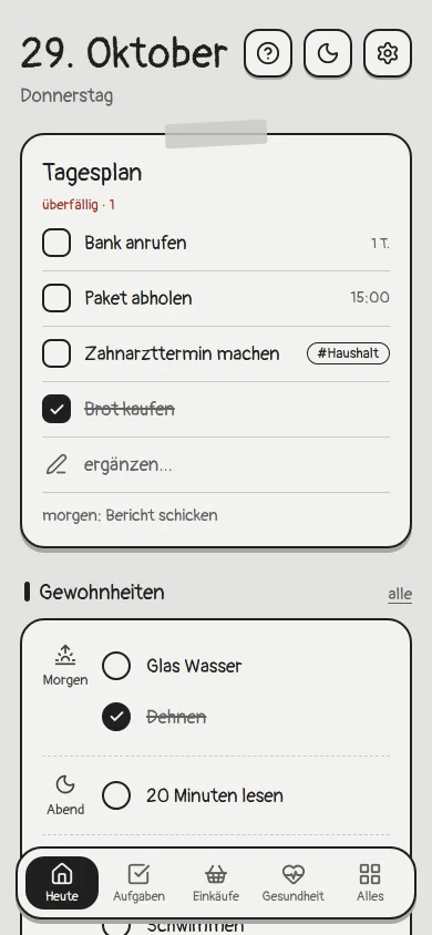 Der Bildschirm „Heute“ in Naviap: Tagesplan, Gewohnheiten und Tabletten