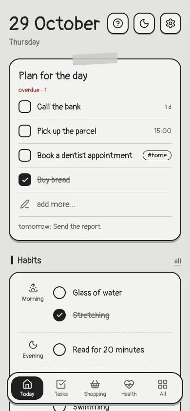The “Today” screen in Naviap: the day’s plan, habits and pills